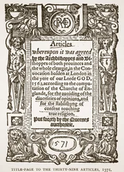 Tittelside til de trettini artiklene, 1571, illustrasjon fra The Church of England: A History for the People av H.D.M. Spence-Jones, pub. ca. 1910 (sepia-bilde)