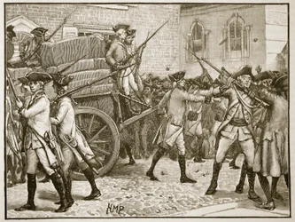 Tropper som eskorterer det stemplede papiret til rådhuset, New York, 1766, illustrasjon fra Cassells Illustrated History of England (sepiafoto)