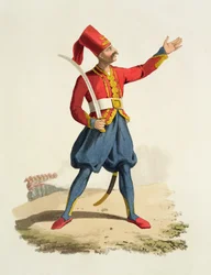 Tyrkisk soldat, fra Costumes of the Various Nations, bind VII, The Military Costume of Turkey, av Thomas MacLean, utgitt ca. 1800-18