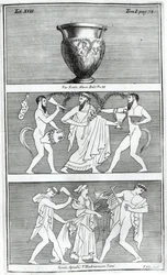 To scener fra en etruskisk vase (gravering) (s/hvitt-bilde)