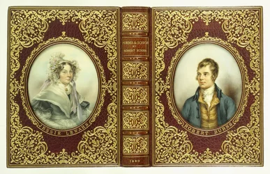 Øvre og nedre omslag, og ryggrad, med ovale portretter av Robert Burns og Jessie Lewars