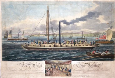 Utsikt over britiske dampfartøy, utgitt av R. Ackermann, 1820-51 (farget akvatint)