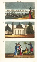 Utsikt over Konstantinopel (Istanbul) tidlig på 1800-tallet 25, muslimsk moske med kuppel og minareter 26, og unge greske kvinner som kysser hverandre på øynene 27