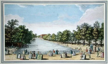 Utsikt over formelle hager med en innsjø, sannsynligvis Long Water ved Hampton Court (farge litho)
