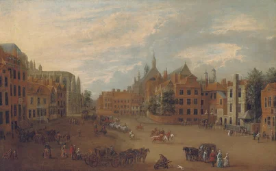 Utsikt over Old Palace Yard, Westminster, med østenden av Westminster Abbey og kapellet til kong Henry VII til venstre, ca. 1700