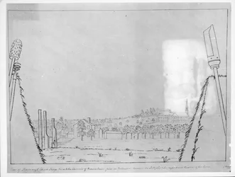 Utsikt over Roxborough Church, Kings Arms og skorsteinene til Browns House, fra en skygge mellom Sally-porten og høyre bastion av linjene, 1776