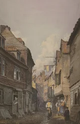 Visning av figurer i Glean Alley, Bermondsey, ca. 1825 (wc på papir)