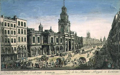 Utsikt over Royal Exchange, London, gravert av Pierre Moithey