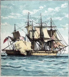 Krigen i 1812 mellom USA og Storbritannia: Chesapeake-fregatten under sjøslaget mot den britiske fregatten "" Shannon"" 01.06.1813 utenfor Boston. "Chesapeake og Shannon"