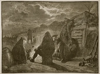 Washington ved leirbrannen ved Valley Forge, illustrasjon fra Cassells Illustrated History of England (sepia-bilde)