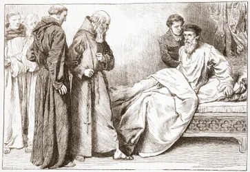 Wycliffe og munkene: scene i sengekammeret, illustrasjon fra The History of Protestantism av James Aitken Wylie (1808-1890), pub. 1878