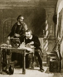 William Tyndale oversetter Det nye testamente, illustrasjon fra Hutchinsons Story of the British Nation, ca. 1923