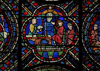 Vindu N7 som viser en scene fra livet til St Thomas Becket: Henry IIs bot