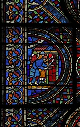 Vindu n7 som viser en scene fra livet til St Thomas Becket: riddere ved døren til Canterbury