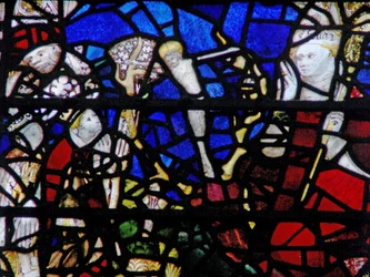 Vindu w6 som viser St Chad ser en hjort med den korsfestede Kristus mellom geviret