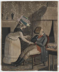 Kvinne som stjeler en strømpeveske og lommeur fra en sovende mann, ca. 1790 (håndfarget mezzotint)