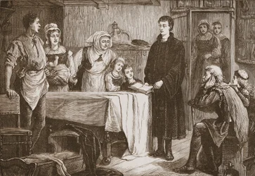 Unge Calvin forklarer Bibelen for en familie i Bourges, illustrasjon fra The History of Protestantism av James Aitken Wylie (1808-1890), pub. 1878