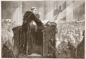 Zwingle forkynner i Zürich katedral, illustrasjon fra The History of Protestantism av James Aitken Wylie (1808-1890), pub. 1878