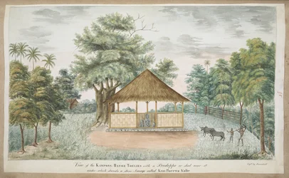f.84 (95) Statuen av Kiay Poerwakali i et stråtak utenfor landsbyen Batu Tulis (W. Java). Innskrevet foran med blekk: Utsikt over Kampong Batoe Toelies med en Pondoppo eller skur i nærheten der det står et steinbilde kalt Kiai Poerwa Kalie. C