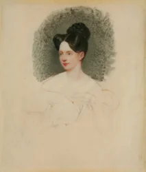 Uferdig portrett av Marianne Cregoe Colmare (senere fru Baurton Bennett) ca. 1833-34 (miniatyr på elfenben montert på kort)