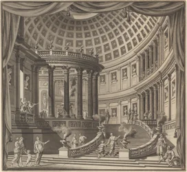 Design for et scenegardin: Interiøret til et forseggjort tempel dedikert til illustere menn