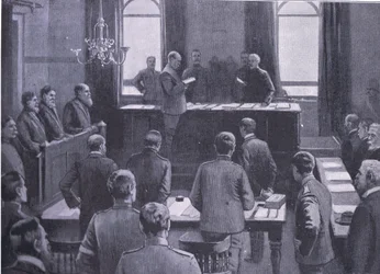 En rettssak for forræderi i Bloemfontein, fra After Pretoria: The Guerilla War utgitt av Harmsworth Bros Limited, 1901