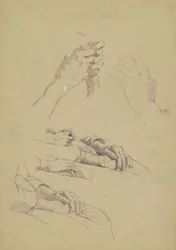 Six Studies of Hands, ca. 1870-90 (grafitt og kritt på brunt vevd papir)