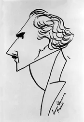Tegneserie av den italienske dirigenten Arturo Toscanini (1867-1957). Tegning av tenoren Enrico Caruso. 1908 ca.