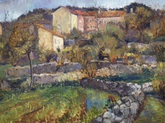By i Karst, av Enrico Fonda (1892-1929), olje på papp, 69x89 cm. Italia, 1900-tallet.