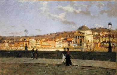 Kai langs elven Po og kirken Grande Madre di Dio, Torino, 1882