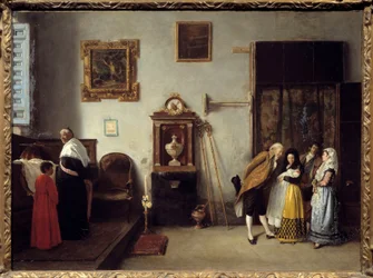 En messe med relevailles i Spania Presten kommer for å gi velsignelsen til den nyfødte og til moren som forlater fødselen. Maleri av Don Enrique Melida y Alinari (1834-1892) 1872 Søn. 0,52x0,73 m Bayonne, Musee Bonnat