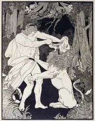 Tegning av Samson som kjemper mot en løve (gravering)