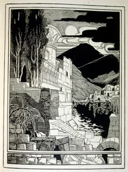 Ruinene av Sodoma, fra boken Juda illustrert av Ephraim Moses Lilien (1874-1925). Lilian regnes som faren til sionistisk ikonografi, skapt i Jugendstil (tysk art nouveau)-stil. Han illustrerte 'Juda' (1900), en bok av bibelsk poeter