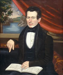 Mann med melodibok: Muligens Mr. Cook, ca. 1838 (olje på lerret)