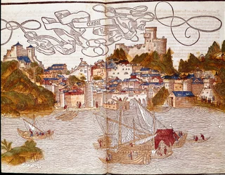 Havnen på Korfu (Korfu) i Hellas Side hentet fra reiseboken "" Peregrinatio in terram sanctam"" etter pilegrimsreisen i Bernards hellige land av Breydenbach (Breidenbach) (1454-1497) illustrert med graveringer av Erhard Reuwich