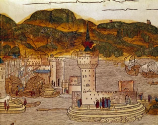 Utsikt over havnen i Candie (dagens Heraklion) på Kreta Side fra The Book of Journeys "" Peregrinatio in Terram Sanctam""" graveringer av Erhard Re