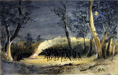 A Native Corroboree at Night (blyant, akvarell og gummi arabicum på papir)