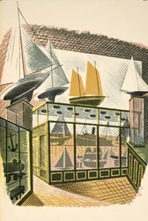 Model Ships and Trains, illustrasjon fra 'High Street' av JM Richards, trykt av Curwen Press, pub. av Country Life, 1938