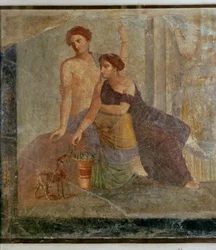 Fragment av et veggmaleri fra Pompeii: mystisk scene ...