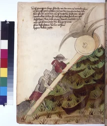Helside: vogn med bevæpnet jernhode drevet av to soldater i rustning, ca. 1430 (farget penntegning)