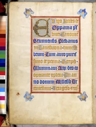 Helside: innrammet tekst med sammenflettet initial #39;E#39;: Kolofon av skriveren og illuminatoren Johann von Troppau