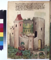 Helside: instruksjoner for å blidgjøre hunder utenfor en festning, ca. 1430 (farget penntegning)