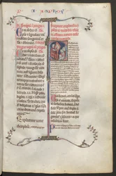 Helside: tekst og historisert initial: sittende til venstre er kommentatoren Constantinus Africanus fra Montecassino