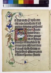 Helside: tekst og historisert tempera-initial (tempera på papir)