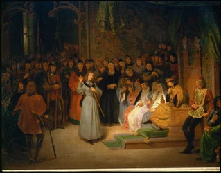 Jeanne d#39;Arc, i nærvær av Karl VII, svarer prelatene som stiller spørsmål ved henne ...
