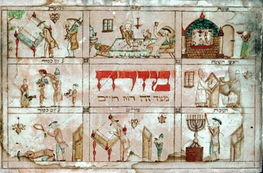 Mizrach, en dekorasjon hengt på veggene i et hus for å indikere bønnens retning, vendt østover mot Jerusalem (akvarell på papir)