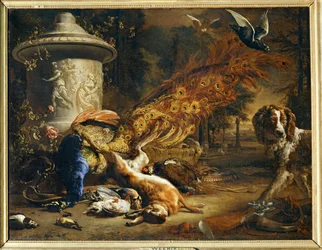 Stilleben med påfugl og hund …