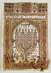 Shiviti, en dekorativ plakett satt på østveggen i en synagoge, for å indikere bønnens retning mot Jerusalem (akvarell, gullblad og gullpulver)