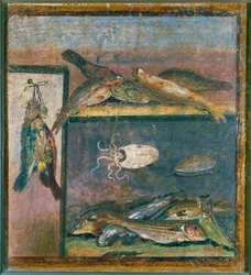 Stilleben med fugler, fisk og blekksprut