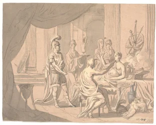 Antikk scene. En edel dame er utsmykket av andre damer foran en hjelmkledd kriger